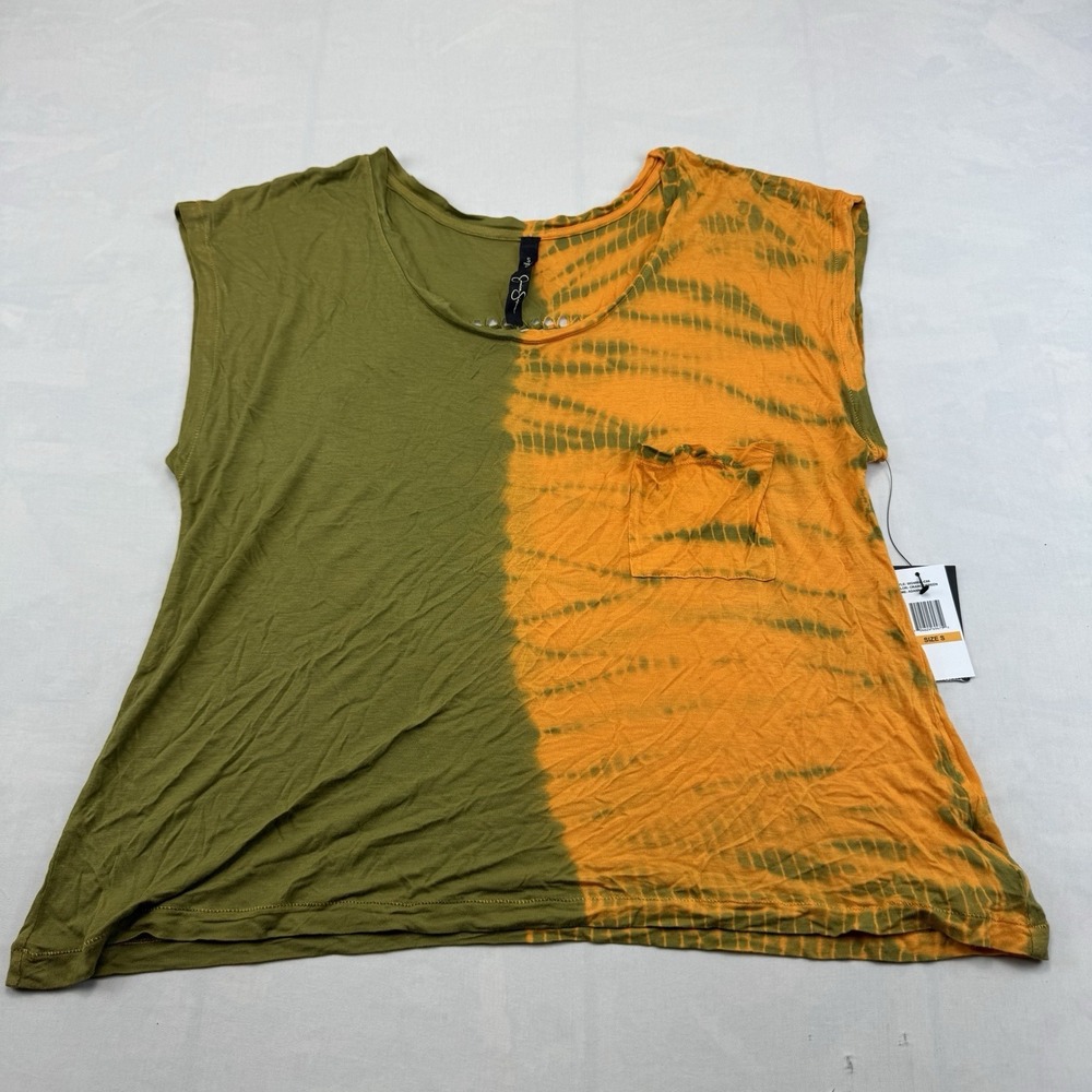 Jessica Simpson Women's S NWT Olive Orange Tie Dye Colorblock Pocket Top